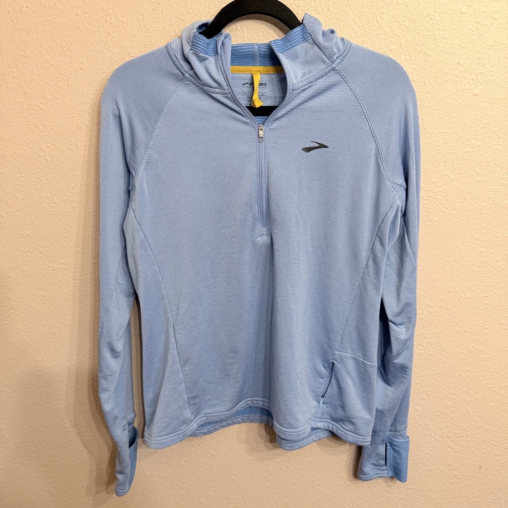 Brooks Run Happy Womens Large Light Blue Quarter Zip Hooded Running Shirt Top